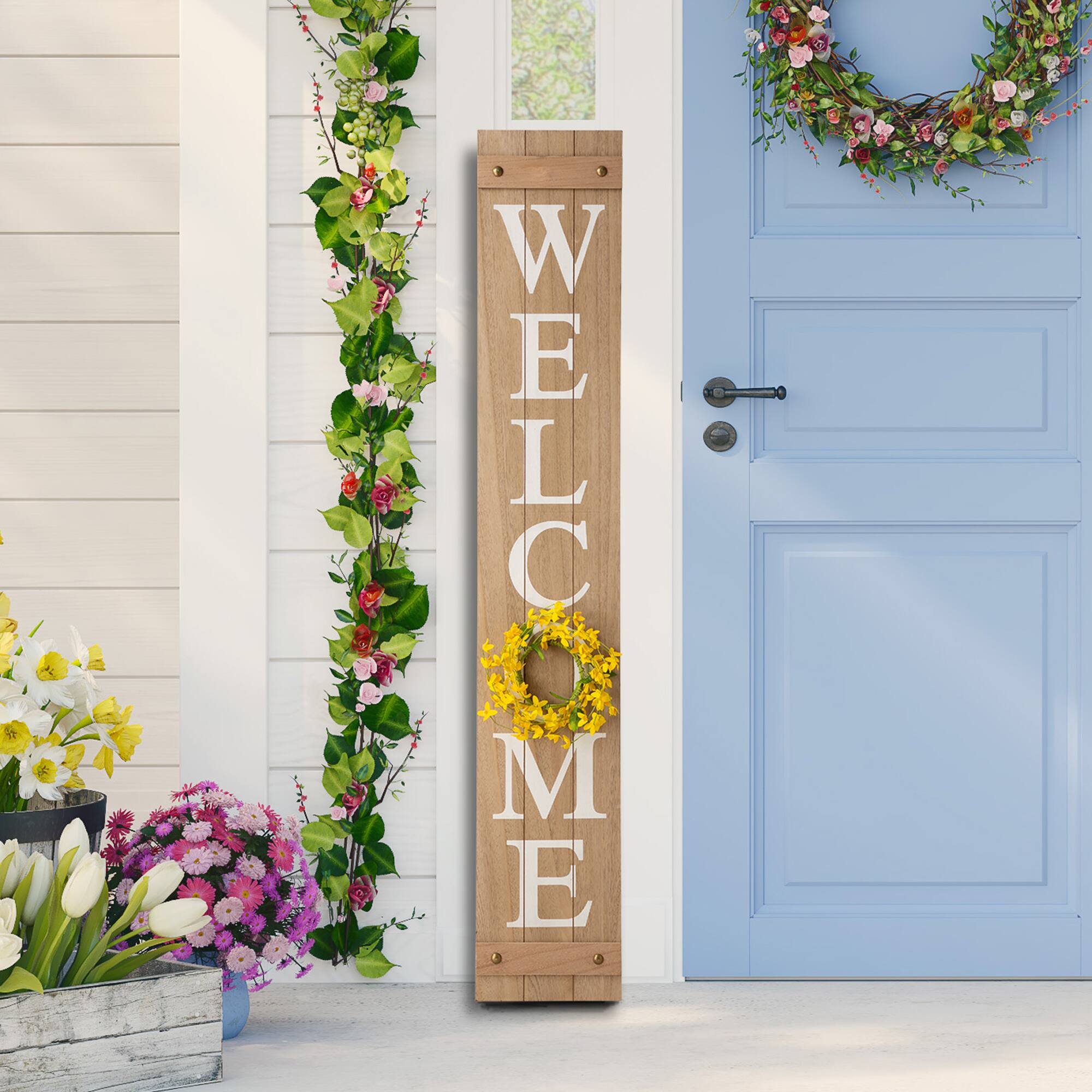 Glitzhome® 5ft. Brown Welcome Wood Porch Sign with 4 Changeable Wreaths